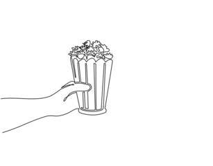 Single one line drawing hand holding popcorn. Human hands holding popcorn box. I love movie cinema icon. Watching movie concept in flat design style. Modern continuous line draw design graphic vector