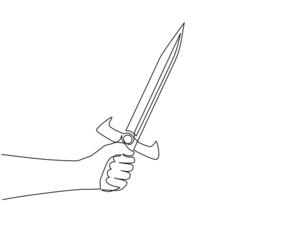 Single continuous line drawing man hand hold sword warrior. Hand of warrior with sword. Design of warriors hand holding medieval sharp sword. Dynamic one line draw graphic design vector illustration