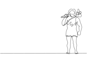 Single continuous line drawing stone age primitive man in animal hide pelt with stone axe. Prehistoric man holding stone axe on shoulders. Dynamic one line draw graphic design vector illustration