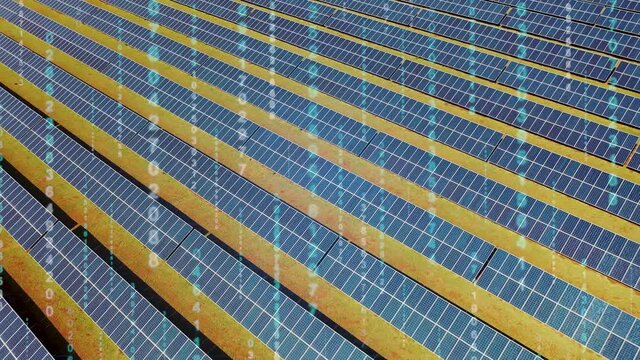 Binary code effect for green energy at solar panels field. Cleaning energy for control of climate change. Environment emissions reduction. Clean energy generation.