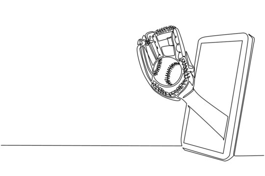 recommend clip art: Single continuous line drawing pitcher hand holds baseball ball with glove through mobile phone. Smartphone with baseball games app. Mobile sports stream championship. One line draw design vector
