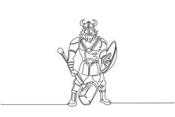 Single one line drawing man warrior viking in horned helmet holding hammer and shield. Cartoon character male with weapon standing in belligerent pose. Continuous line draw design vector illustration