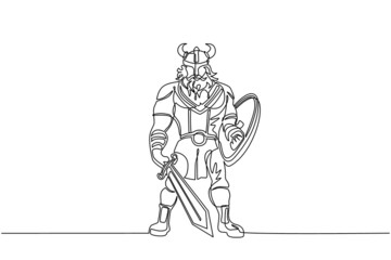 Single continuous line drawing man warrior viking in horned helmet holding sword and shield. Cartoon character male with weapon standing in belligerent pose. One line draw design vector illustration