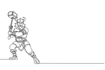 Single one line drawing viking warrior mascot swinging hammer. Viking swing attack with hammer. Viking warrior barbarian with horned helmet swinging battle hammer. Continuous line draw design vector