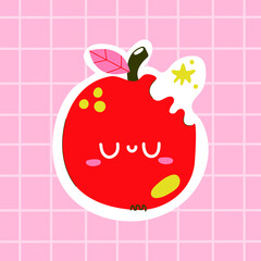 Cute hand drawn bitten apple sticker on a checkered background for print design. 