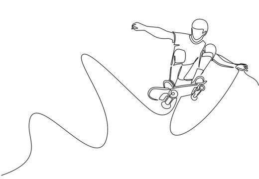 recommend clip art: Single one line drawing young cool skateboarder man riding skateboard and doing a jump trick in skate park. Extreme teenager sport. Healthy sport lifestyle concept. Continuous line draw design vector