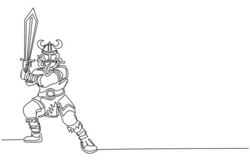 Fototapeta premium Continuous one line drawing viking warrior mascot swinging sword. Viking swing attack with sword. Viking barbarian with horned helmet swinging battle sword. Single line draw design vector illustration