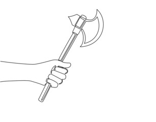Continuous one line drawing hand holding battle axe with handle. Broad axe, executioner axe, medieval axe. Fighter classes weapon animation, video games. Single line draw design vector illustration