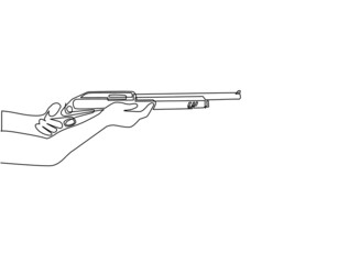 Single continuous line drawing hand holding shotgun. Shotgun personal self defense weapon. Carbine powerful hunting rifle firearm, shooting gunshot instrument. One line draw design vector illustration
