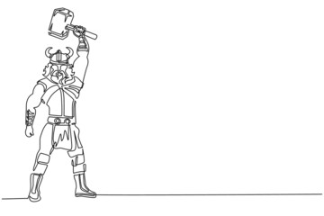 Single one line drawing nordic man holding hammer up in the air. Vector of warrior wearing viking war armor. Character from pagan and scandinavian mythology. Continuous line draw design illustration