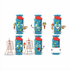 Artistic Artist of blue long candy package cartoon character painting with a brush