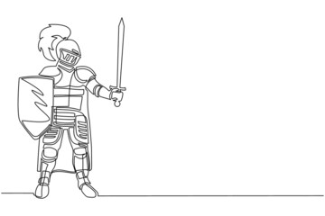Single continuous line drawing medieval knight in armor, cape and helmet with feather. Warrior of middle ages standing, holding shield and raised sword. Chivalry figure. One line draw design vector - obrazy, fototapety, plakaty