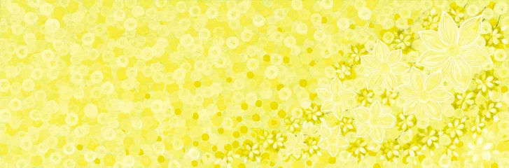 Tuinposter Bright yellow Nature floral banner template. Beautiful summer floral landscape. Textured flowers on dotted background. Gouache painting on textured paper. © Irina Ikar