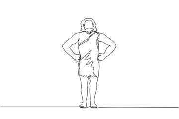 Single one line drawing prehistoric man standing with hands on waist pose. Prehistoric bearded man, primitive stone age caveman in animal pelt cartoon character. Continuous line draw design vector