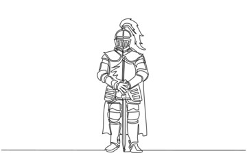 Fototapeta na wymiar Continuous one line drawing medieval knight in armor, cape and helmet with feather. Warrior of middle ages standing and leaning on sword. Chivalry figure. Single line draw design vector illustration