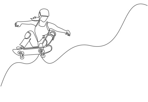 Single continuous line drawing young cool skateboarder woman riding skateboard and doing jump trick in skate park. Extreme teenager sport. Healthy sport lifestyle concept. One line draw design vector