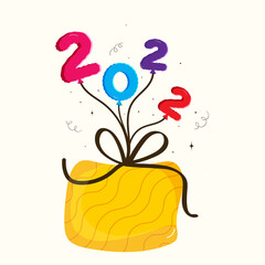 Colorful 2022 Number Balloons Tied With A Gift Box Over Background For Happy New Year Concept.