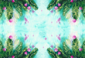 Blurred watercolor background fir branches, balls, New Year