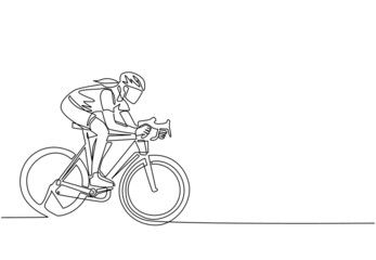 Fototapeta premium Single one line drawing young energetic woman bicycle racer focus train her speed at training session. Racing cyclist concept. Healthy cycling sport event. Continuous line draw design graphic vector