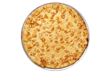 Top view of large cheese pizza with deep-fried chicken pieces isolated on white