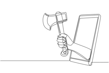 Single continuous line drawing hand holding wooden axes through mobile phone. Concept of mobile lumberjack games, entertainment application for smartphones. Dynamic one line draw graphic design vector