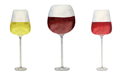 Watercolor high glasses of red, rose and white wine isolated on white