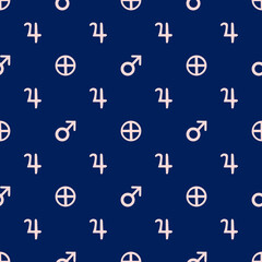 Vector seamless astrological pattern with planets, stars and pattern with alchemy symbols. Abstract occult and mystic signs. Magic print and astrology background. Seamless pattern. 