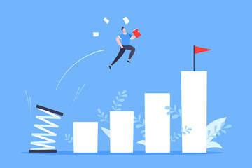 Springboard businessman high jump flat style design vector illustration concept. Business person jumps above career ladder. Success growth, motivation opportunity, boost career concept.