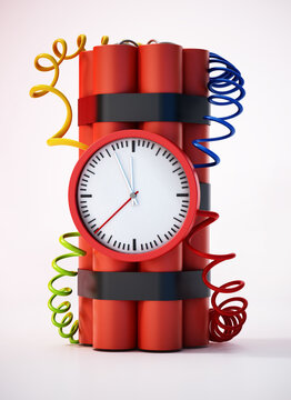 Dynamite clock pointing a few minutes to 12 o'clock. 3D illustration