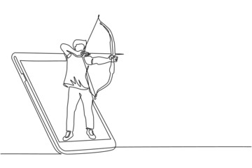 Single one line drawing man with bow and arrow getting out of smartphone screen. Mobile sports play matches. Online archery game with live mobile app. Continuous line draw design vector illustration