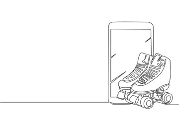 Continuous one line drawing smartphone and pair of vintage, retro quad roller skates, sketch style. Sketch style pair of quad roller skate with white laces. Single line draw design vector illustration