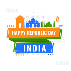 India Happy Republic Day Font With Famous Monuments And Halftone Effect On White Background.