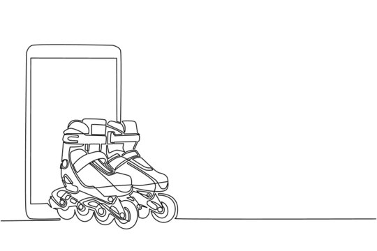recommend clip art: Single one line drawing smartphone and inline skate. Pair of old retro plastic quad roller skate shoes. Healthy fitness sports concept. Modern continuous line draw design graphic vector illustration