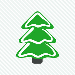 green Christmas tree in the snow on a light background with small stripes