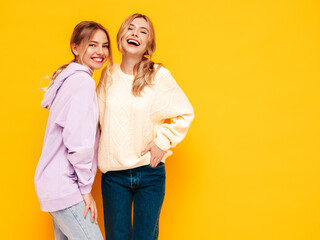 Two young beautiful smiling brunette hipster female in trendy summer clothes. Sexy carefree women posing near yellow wall in studio. Positive models having fun. Cheerful and happy