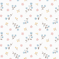 Seamless pattern with cute flowers and berries in shabby pastel colors.
