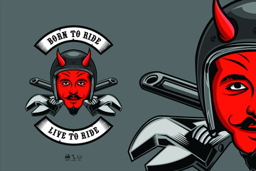 DEVIL HEAD RACER AND WRENCH ILLUSTRATION WITH A GRAY BACKGROUND
