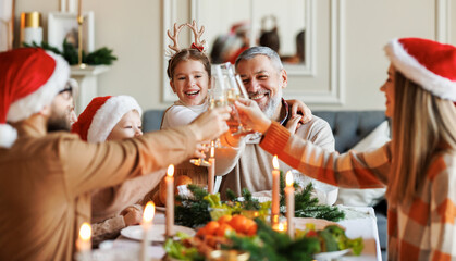 Happy big multi generation family enjoy xmas dinner, clinking glasses during Christmas celebration