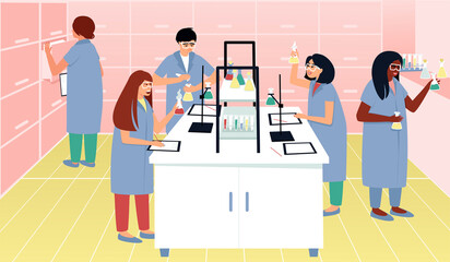 Students in a chemical laboratory are conducting experiments. Foreign students are engaged in scientific experiments in the field of chemistry, physics, biology. Flat vector illustration.