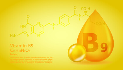 Realistic B9 Folate Vitamin drop with structural chemical formula. 3D Vitamin molecule B9 Folate design. Drop pill capsule.