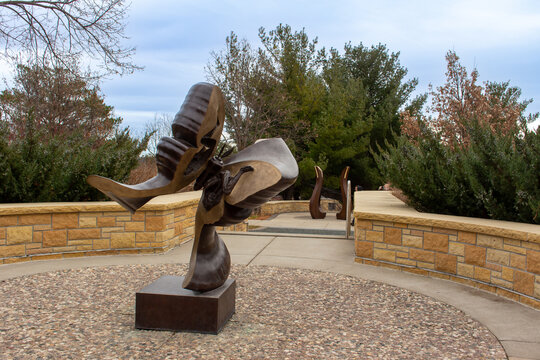 Gustavus Memorial Garden and Sculpture on December 2, 2021, in St. Peter, Minnesota. View of the Luna Moth Matrix sculpture in the Christ Chapel Memorial Garden, at Gustavus Adolphus College.