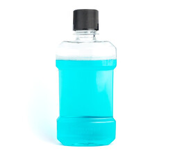 An image isolated clear blue mouthwash in clear plastic bottles is a chemical solution for cleaning your mouth in the morning or after eating with clipping path.
