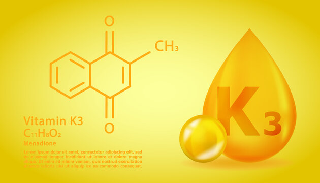 Realistic K3 Menadione Vitamin drop with structural chemical formula. 3D Vitamin molecule K3 Menadione design. Drop pill capsule.