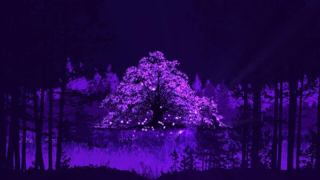 Zauberhafter Lichterbaum in samtig violetter m&auml;rchenhafter Umgebung - 3D Animation 4K