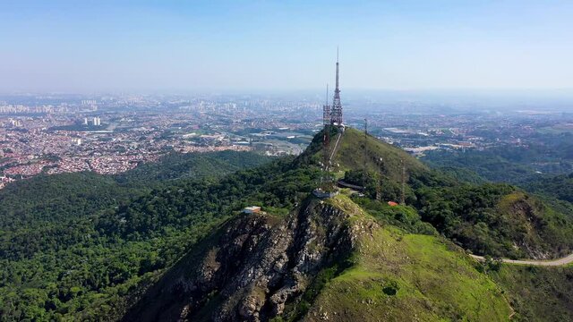Aerial landscape of Bandeirantes highway road at countryside mountains. Landmark highway road between mountains. Rural landscape. Traffic at road. Scenic freeway road.