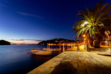 Embankment of Cavtat town at dusk, Dubronick Riviera, Croatia.