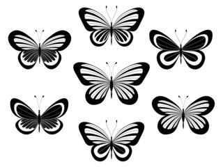 Butterfly. Stylized vector. Set of black and white insects. Abstract butterflies silhouettes isolated on white background for use as design elements or logo. Coloring book page