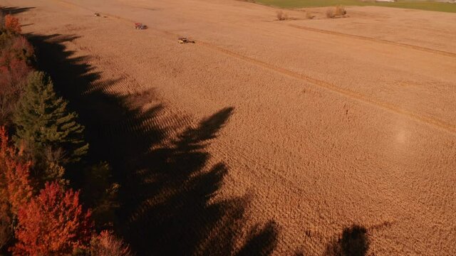 4K AERIAL FOOTAGE OF COMBINE OPERATION WITH SUPPORTING TRACTORS REAPING WEATH IN QUEBEC CANADA