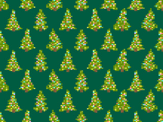 Pixel decorated Christmas trees seamless pattern. 8 bit Christmas tree in the style of pixel art retro video games. Design for printing, wrapping paper and advertising. Vector illustration
