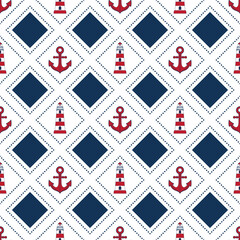 Nautical elements. Naval seamless pattern. Marine symbols: lighthouse, anchor. Vector illustration Isolated on white background. Geometric ornament. Design wrapping paper and baby clothes